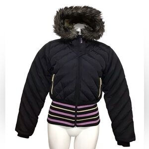 Fila Jacket Black Y2K Puffer Cropped Fur Trim Hood Goose Filled Vintage Size M